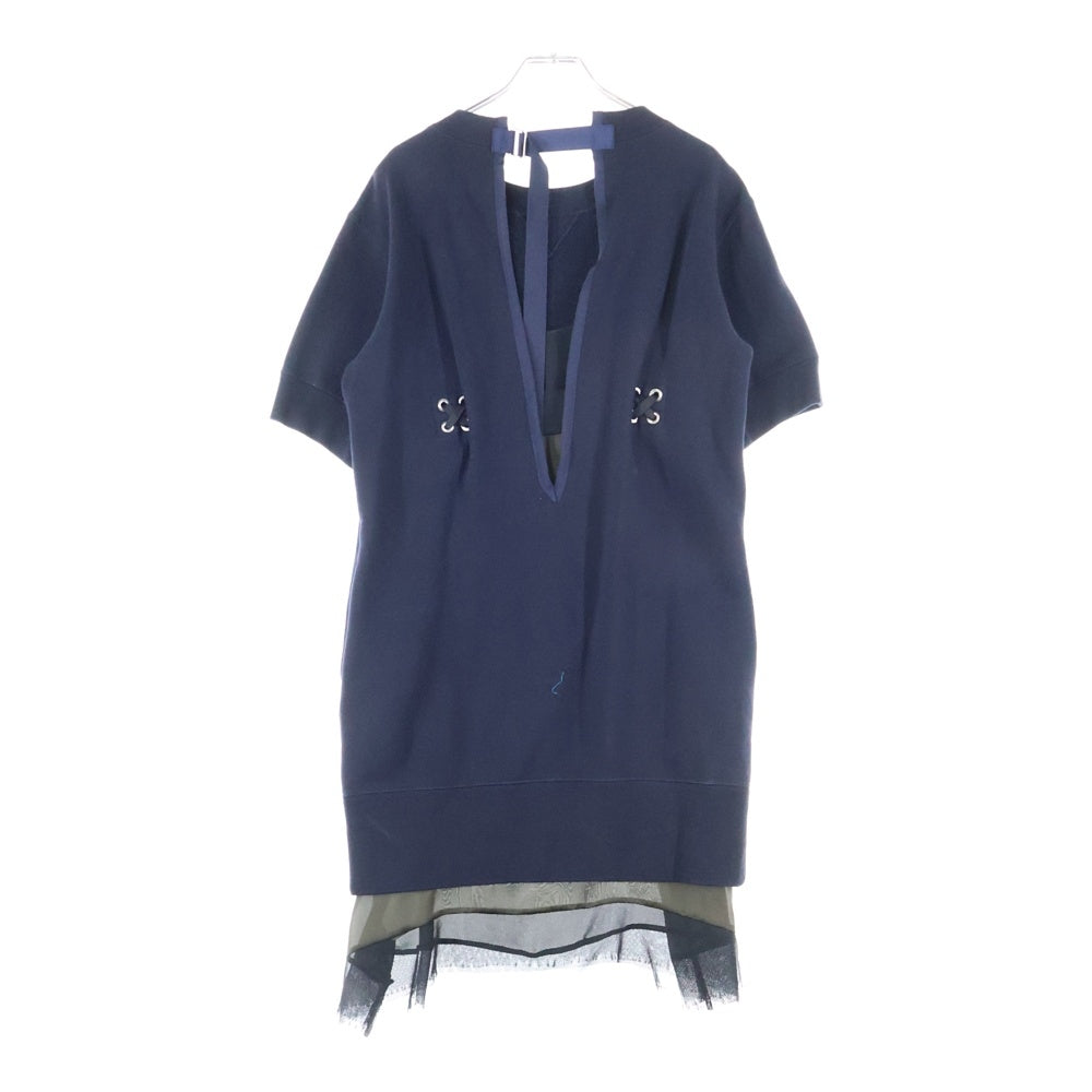 Sacai(サカイ) 20SS レース切り替え バックネックアジャスター クルーネック スウェットワンピース レディース ネイビー 20-04878