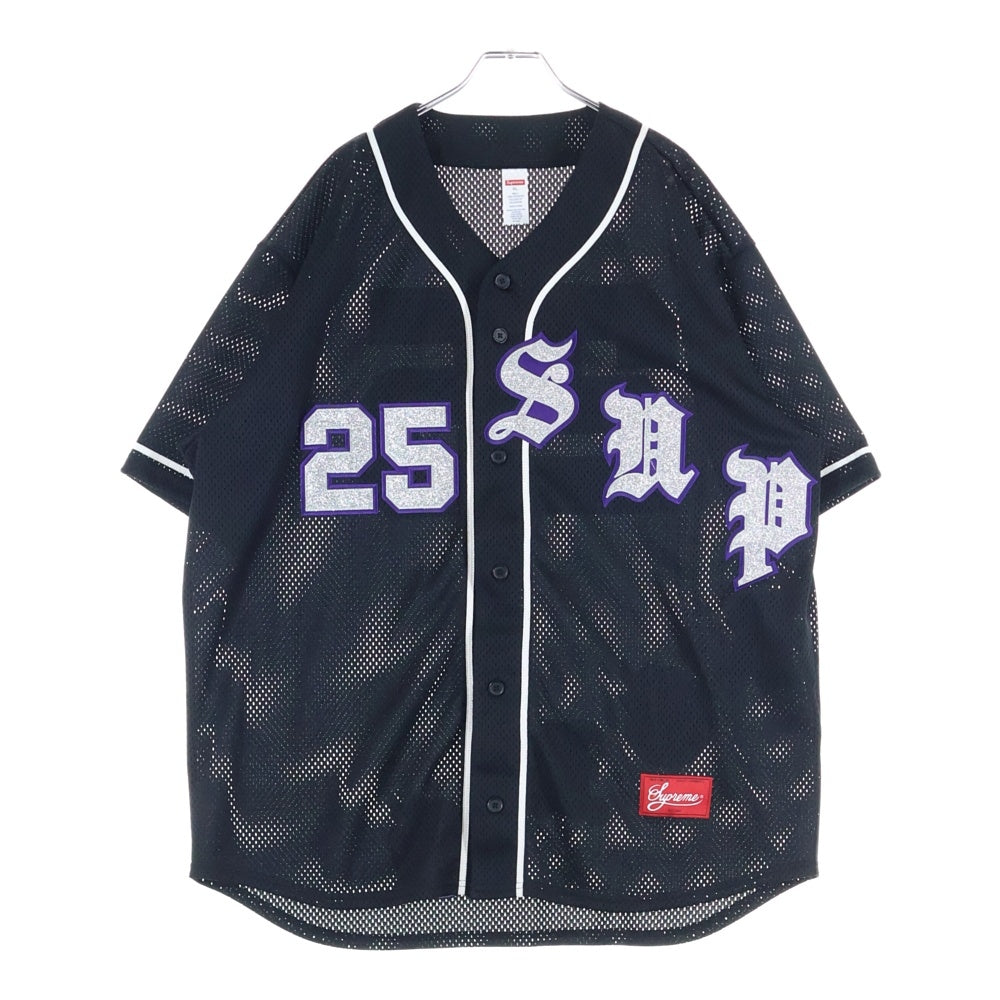 SUPREME(シュプリーム) 25SS Old English Baseball Jersey ラメワッペン 半袖ゲームシャツ ブラック