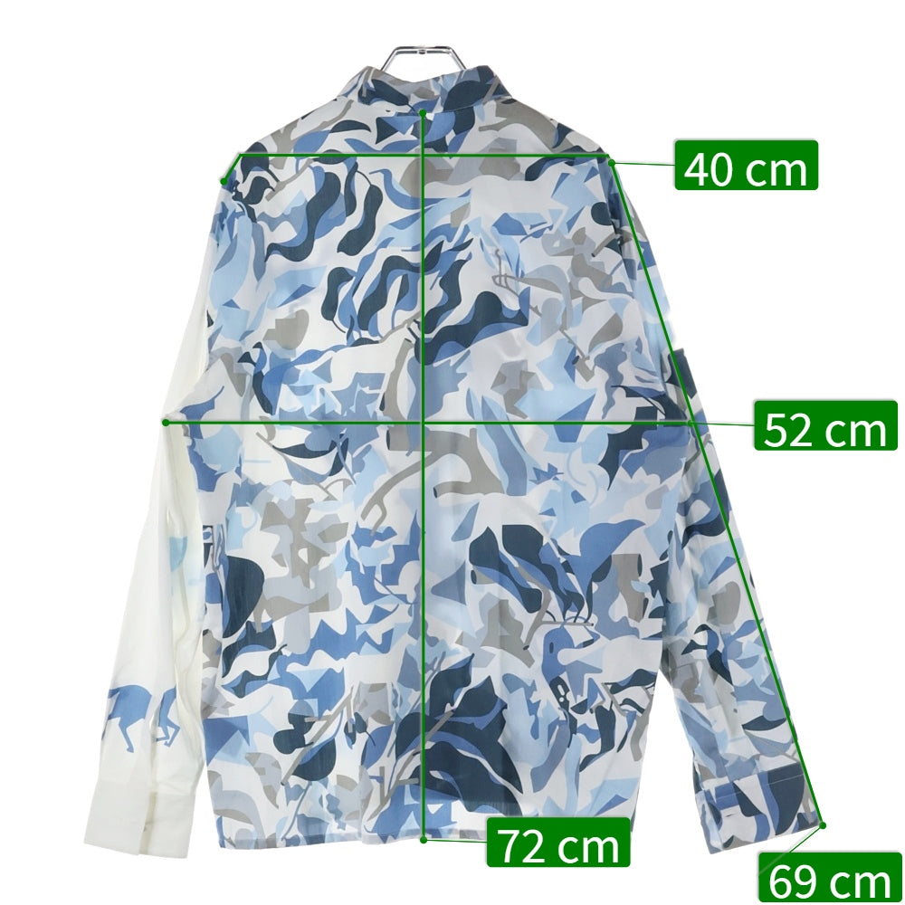 HERMES(エルメス) 23SS セリエボタン ホースカモフラ総柄シルク長袖シャツ ブルー/ホワイト