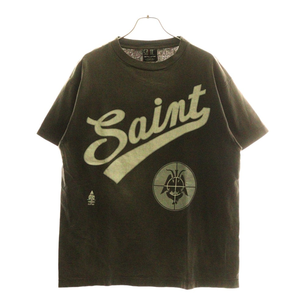SAINT MICHAEL(セントマイケル) 21AW T-SHIRT FOCUS クルーネックロゴプリント半袖Tシャツ 半袖カットソー ヴィンテージ加工 ブラック SM-A21-0000-002