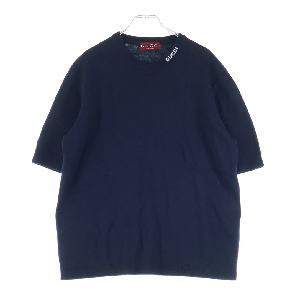 GUCCI(グッチ) 24AW インターシャ シルクコットン ロゴ刺繍 Tシャツ カットソー ネイビー