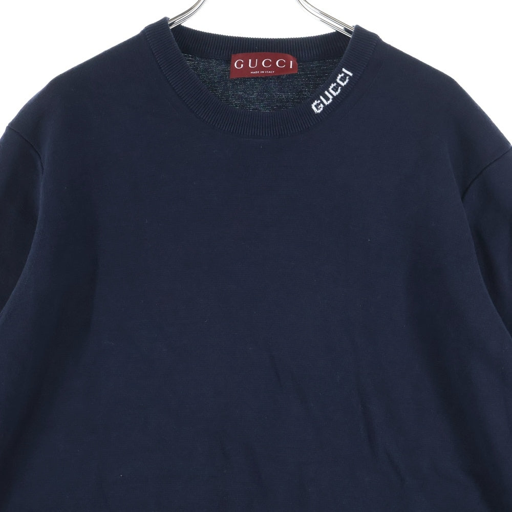 GUCCI(グッチ) 24AW インターシャ シルクコットン ロゴ刺繍 Tシャツ カットソー ネイビー