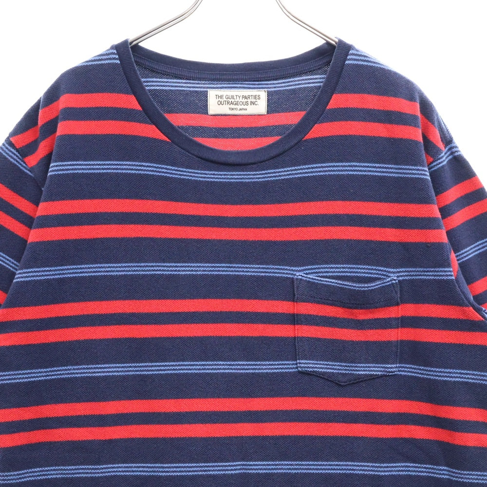 WACKO MARIA(ワコマリア) STRIPED CREW NECK T-SHIRT ストライプポケット半袖Tシャツ カットソー ネイビー/レッド