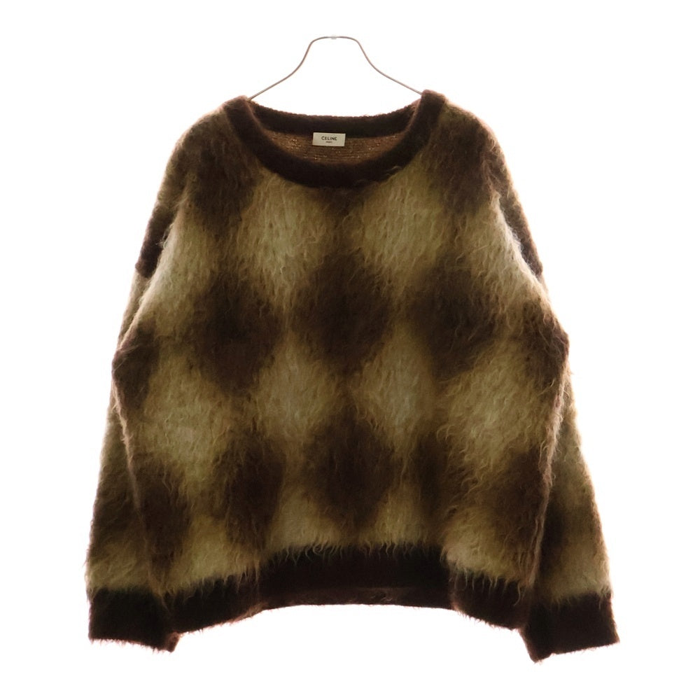 CELINE(セリーヌ) 22AW Cropped Boxy Sweater In Brushed Mohair クロップドボクシーセーターインブラッシュドモヘア アーガイル柄ニットセーター 2AA24606S ブラウン