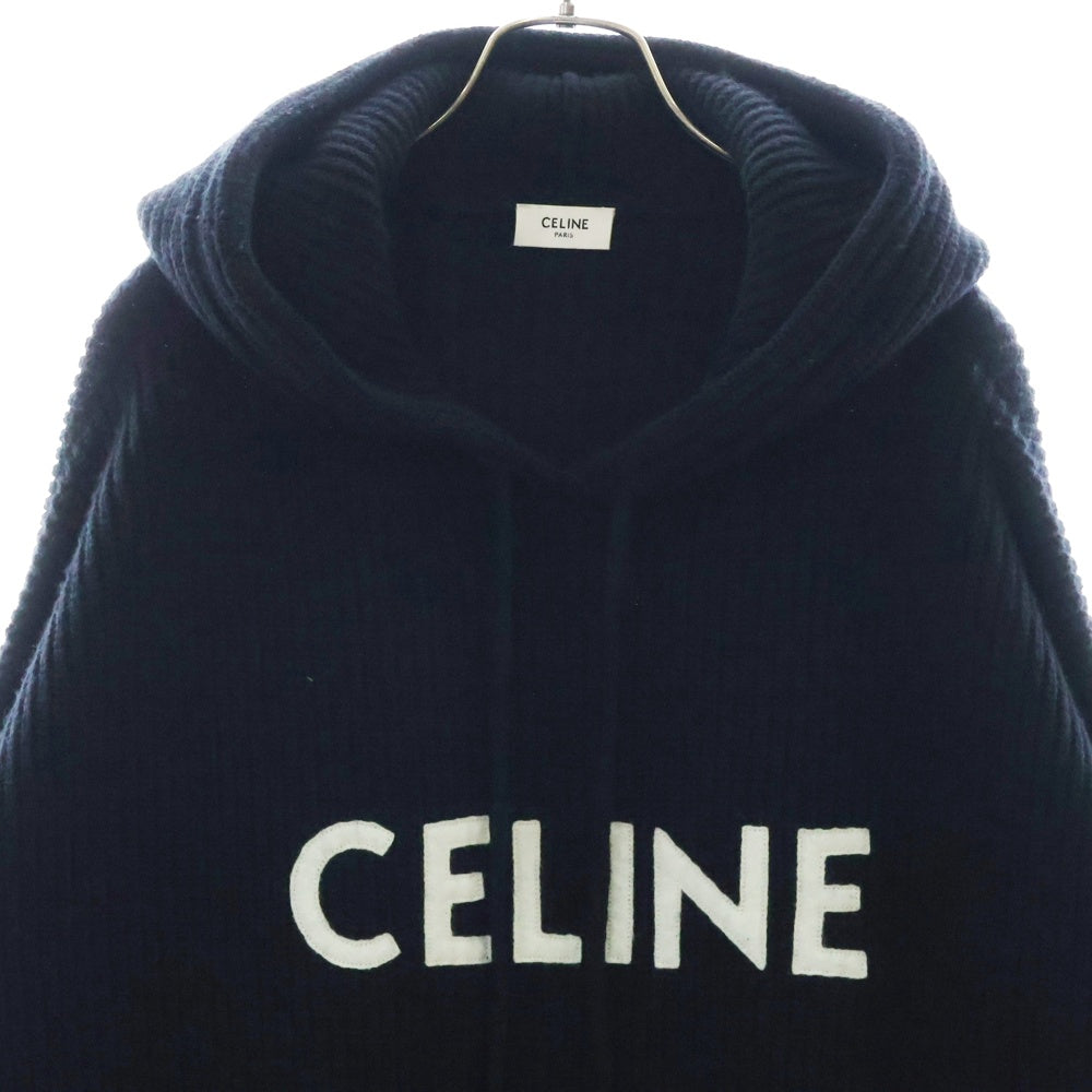 CELINE(セリーヌ) 21AW HOODED SWEATER IN RIBBED WOOL リブ編みウール ロゴワッペンプルオーバーニットパーカー 2A85W423P ブラック