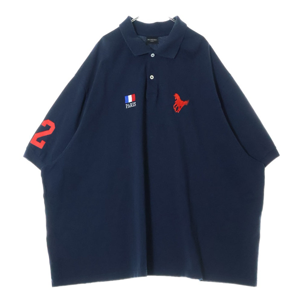 BALENCIAGA(バレンシアガ) 24SS Paris Horse Polo Shirt パリスホース刺繍 ダメージ加工半袖ポロシャツ 791001 TQVM6 ネイビー