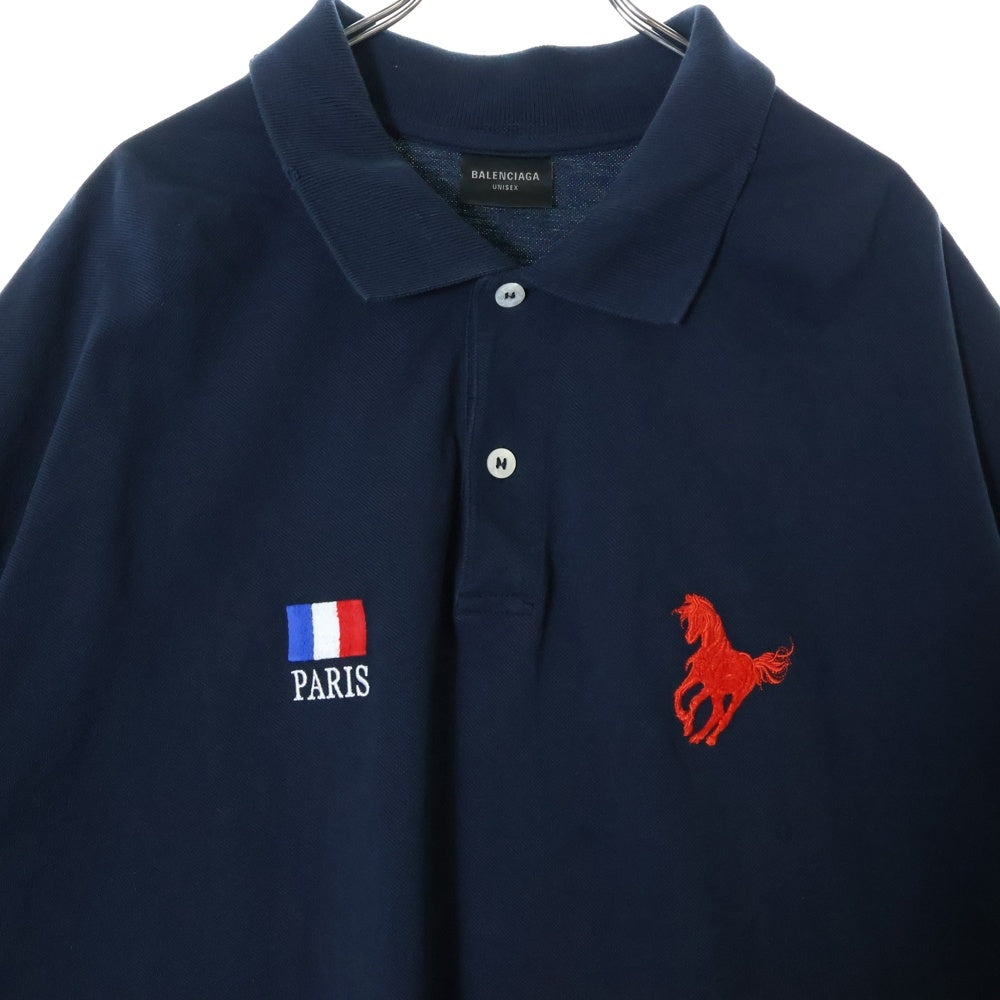BALENCIAGA(バレンシアガ) 24SS Paris Horse Polo Shirt パリスホース刺繍 ダメージ加工半袖ポロシャツ 791001 TQVM6 ネイビー