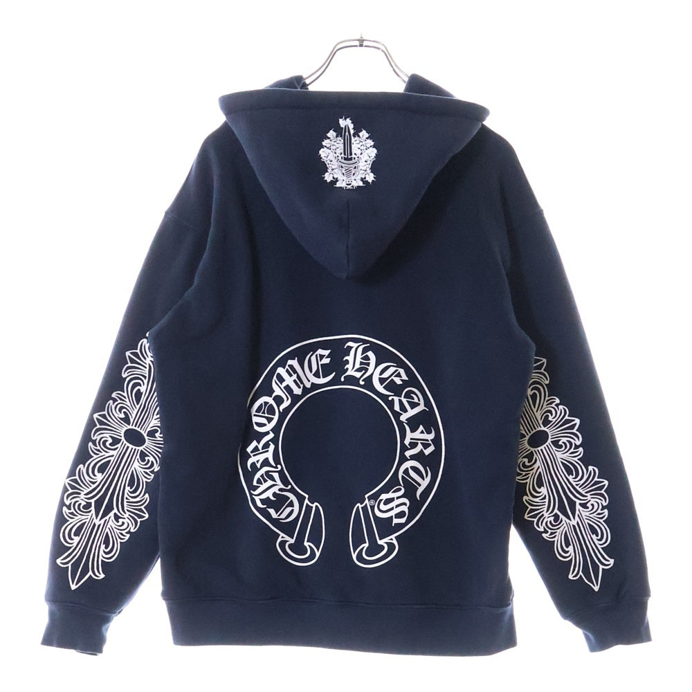 CHROME HEARTS(クロムハーツ) OLD HORSESHOE ZIP HOODIE オールド ホースシュー 袖フローラルプリント サーマル裏地 ダガージップパーカー ネイビー