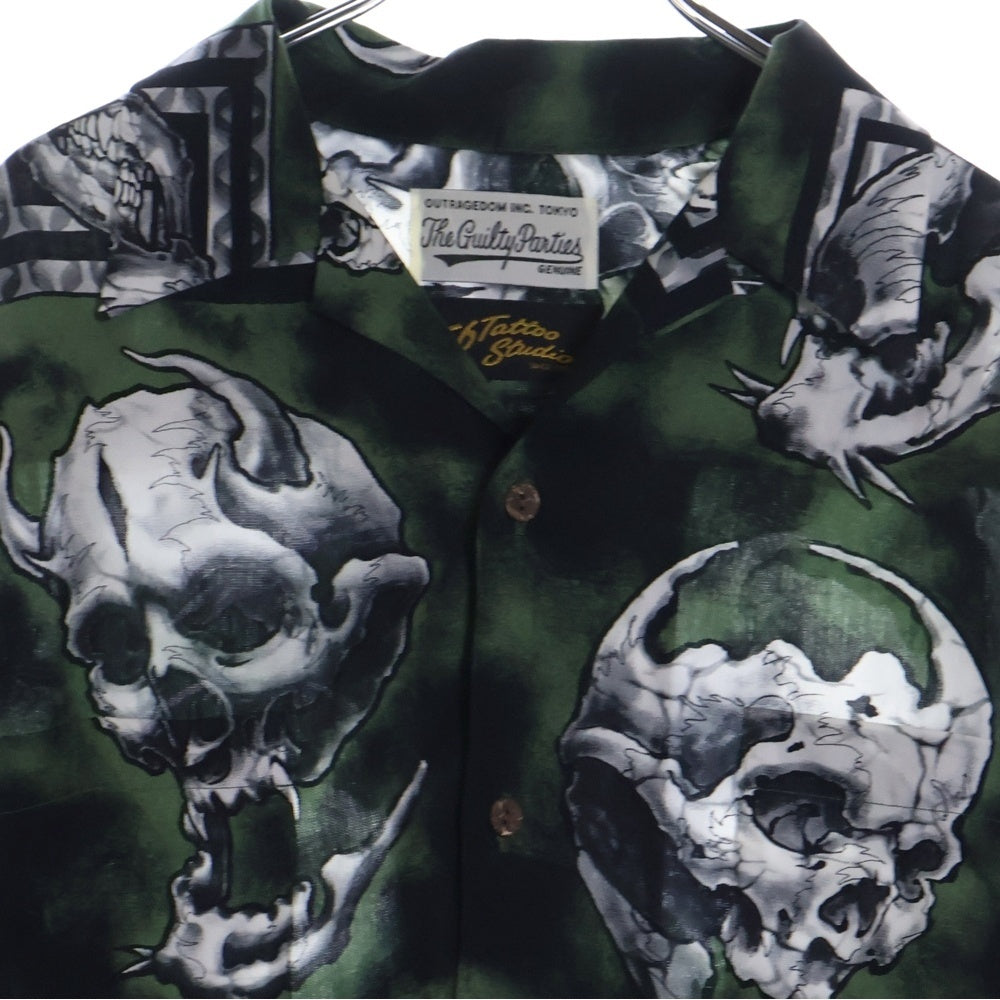 WACKO MARIA(ワコマリア) 22SS 56TATTOO STUDIO HAWAIIAN SHIRT S/S タトゥースタジオ スカルプリント 開襟シャツ 半袖シャツ グリーン/ブラック