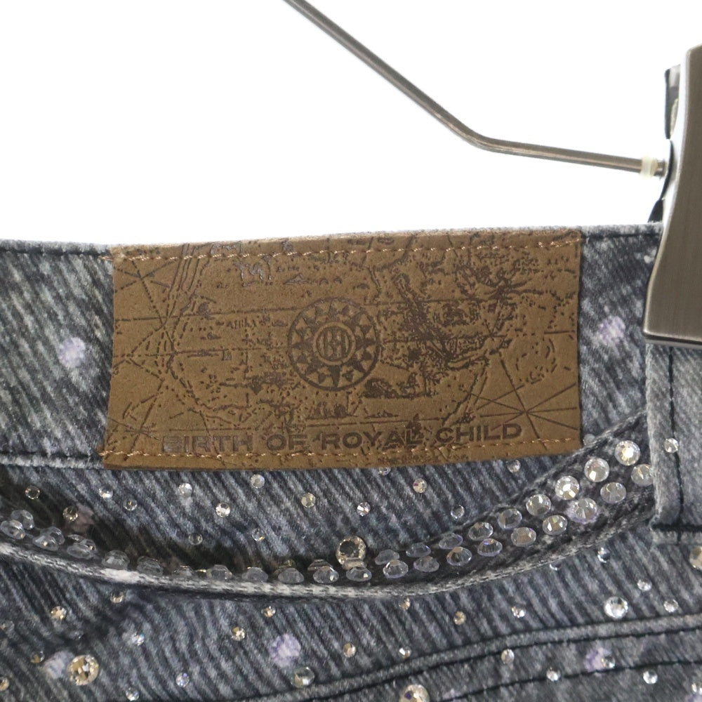 BIRTH OF ROYAL CHILD(バースオブロイヤルチャイルド) RHINESTONE EMBELLISHED STRAIGHT JEANS ラインストーン エンベリッシュド ストレイト ジーンズ デニムパンツ グレー BC24FWPT06