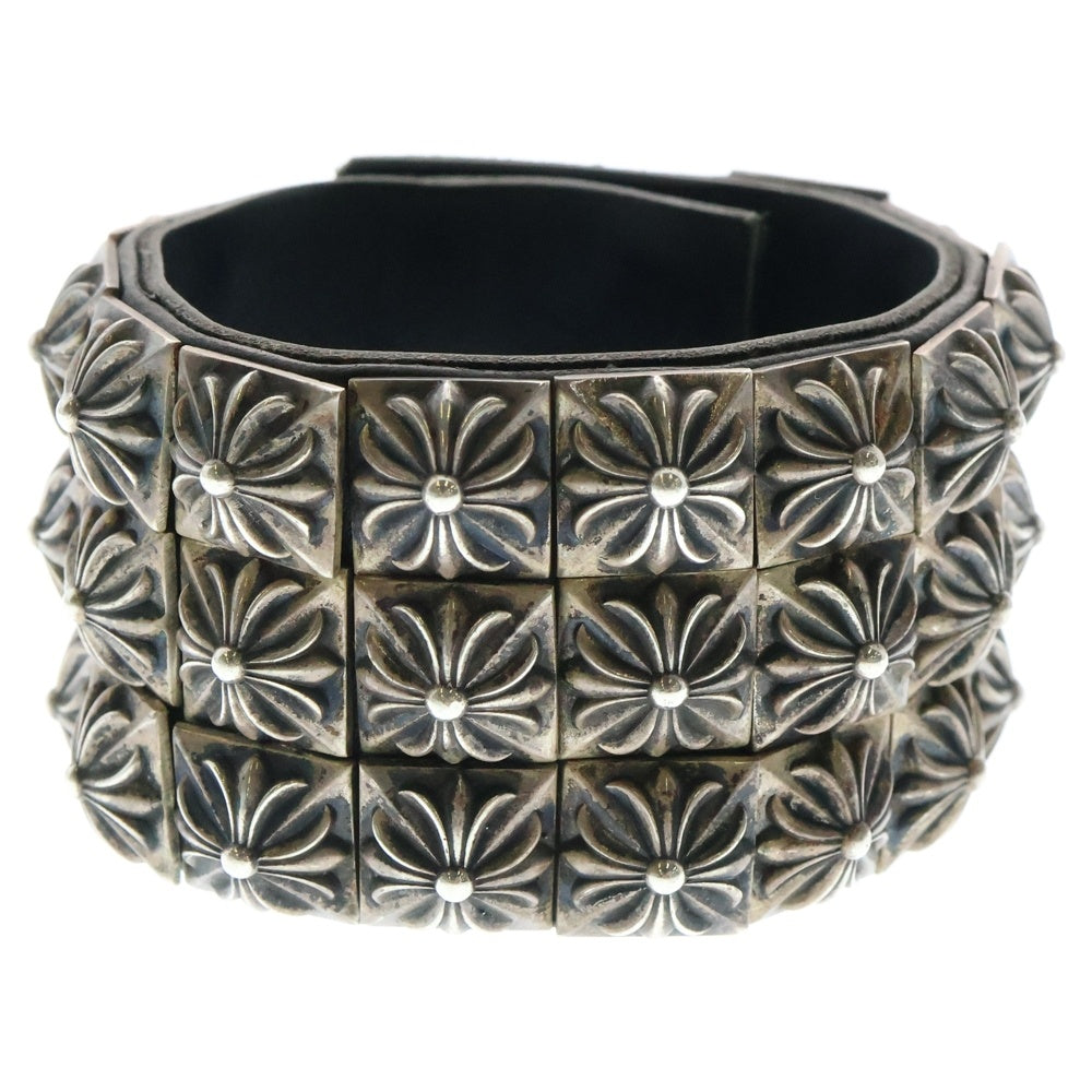 CHROME HEARTS(クロムハーツ) ZERO X3 PYRAMID STUDS TRIPLE ROW ゼロスタッズ トリプルピラミッド ロウ レザーブレスレッド バングル シルバー/ブラック