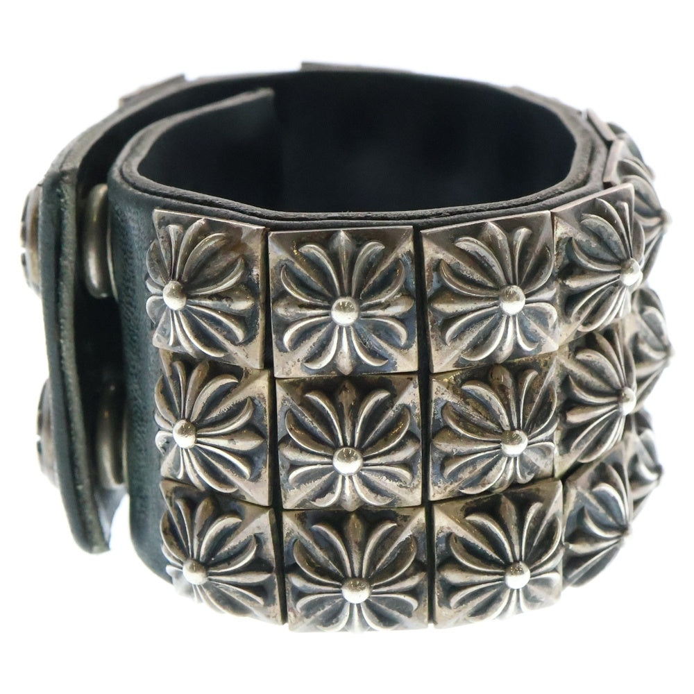 CHROME HEARTS(クロムハーツ) ZERO X3 PYRAMID STUDS TRIPLE ROW ゼロスタッズ トリプルピラミッド ロウ レザーブレスレッド バングル シルバー/ブラック