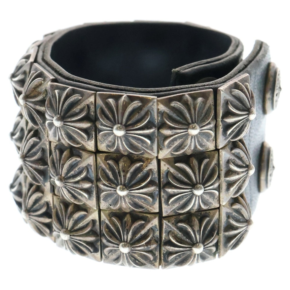 CHROME HEARTS(クロムハーツ) ZERO X3 PYRAMID STUDS TRIPLE ROW ゼロスタッズ トリプルピラミッド ロウ レザーブレスレッド バングル シルバー/ブラック