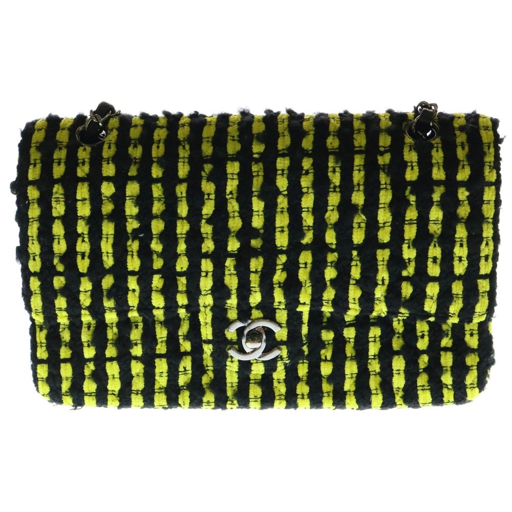 CHANEL(シャネル) マトラッセ ダブルフラップ ツイード チェーンショルダーバッグ 9番台 ブラック/イエロー レディース