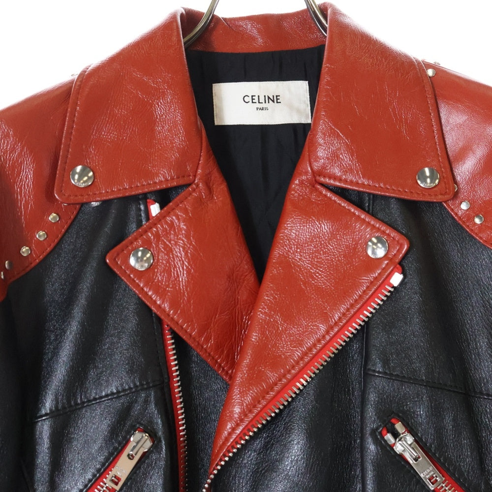 CELINE(セリーヌ) 22AW スタッズバイカーライダースレザージャケット 2ED37280D レッド/ブラック