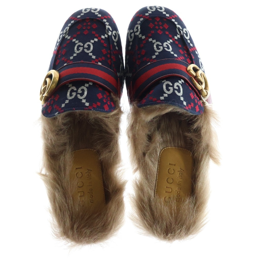 GUCCI(グッチ) プリンスタウン ファー付き GGスプリーム ミュールサンダル ネイビー/レッド