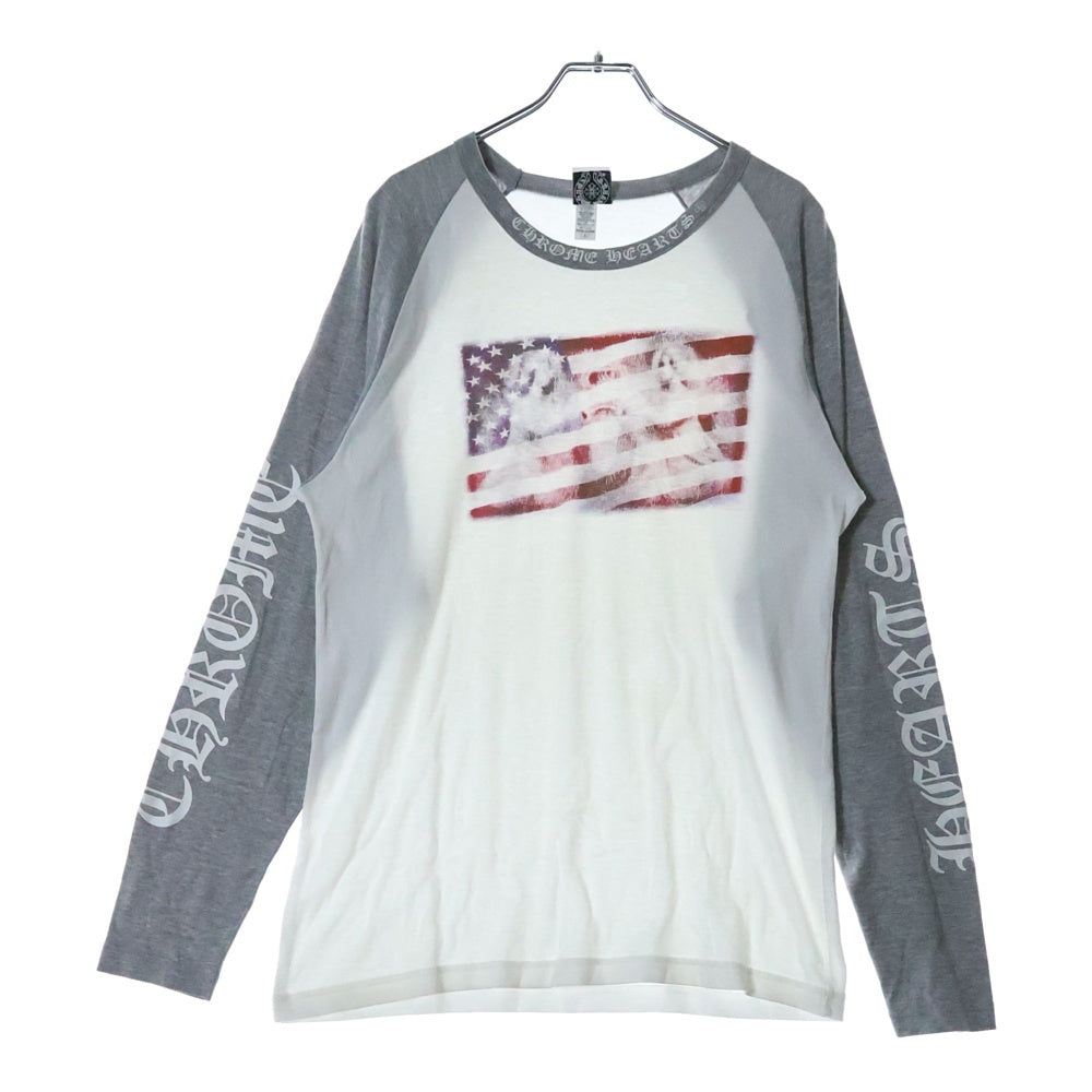 CHROME HEARTS(クロムハーツ) OLD Neck Logo L/S Tee オールド ネックロゴ 星条旗プリント ラグランクルーネックカットソー ホワイト/グレー