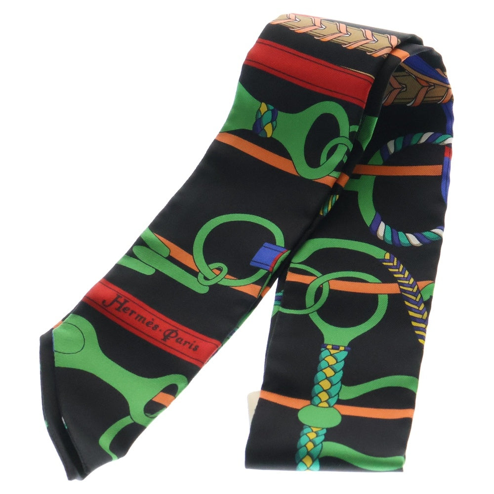 HERMES(エルメス) Twilly Scarf Panoplie Equestre 乗馬の装具一式 ツイリースカーフ ブラック/グリーン