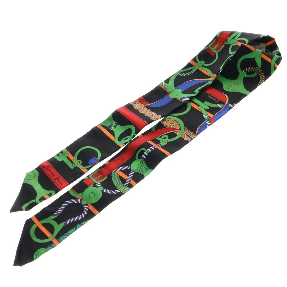 HERMES(エルメス) Twilly Scarf Panoplie Equestre 乗馬の装具一式 ツイリースカーフ ブラック/グリーン