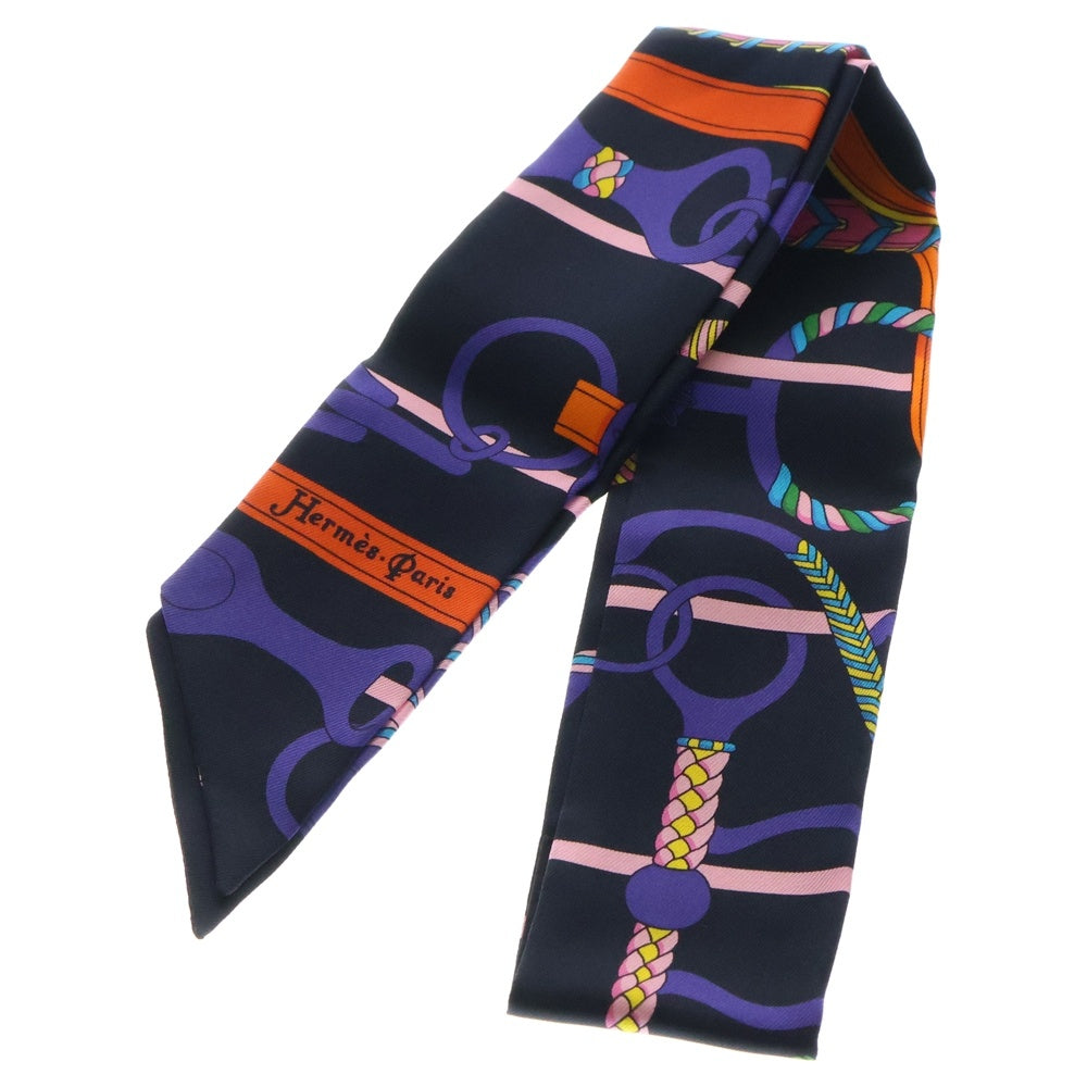 HERMES(エルメス) Twilly Scarf Panoplie Equestre 乗馬の装具一式 ツイリースカーフ ブラック/パープル
