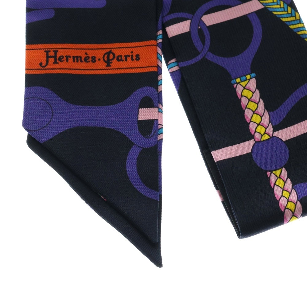 HERMES(エルメス) Twilly Scarf Panoplie Equestre 乗馬の装具一式 ツイリースカーフ ブラック/パープル