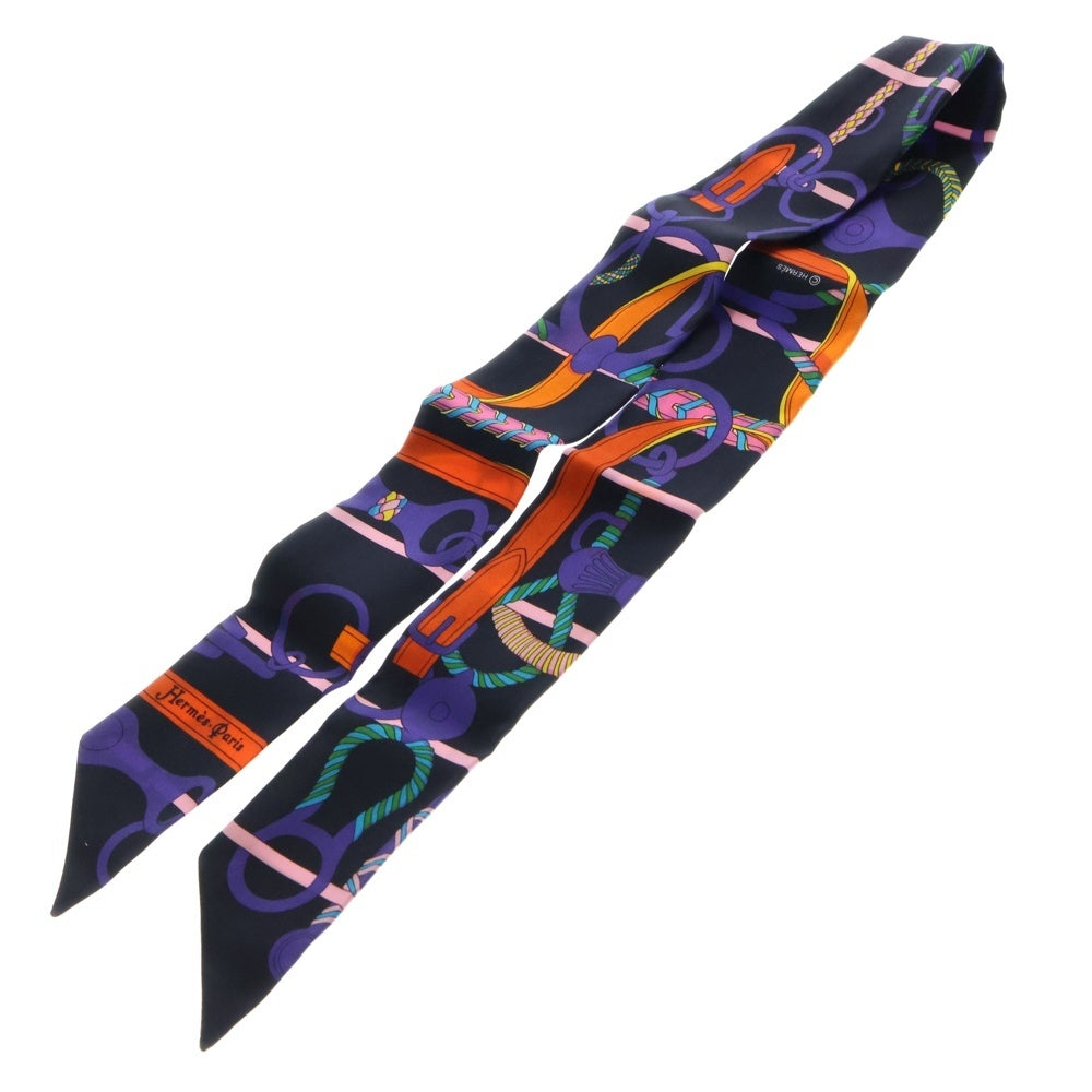HERMES(エルメス) Twilly Scarf Panoplie Equestre 乗馬の装具一式 ツイリースカーフ ブラック/パープル