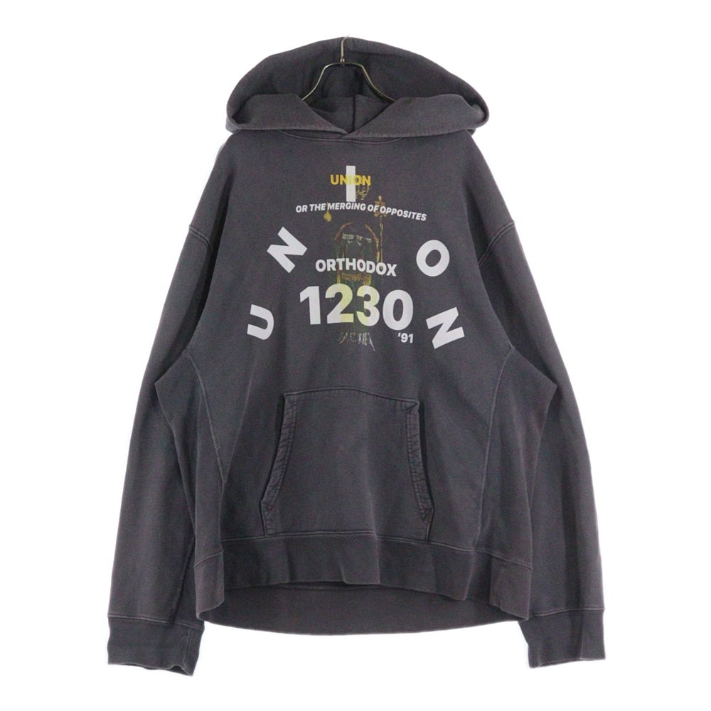 RRR123 RIVINGTON roi Rebis(リヴィントンロイレビス) ×UNION 30YEAR COLLECTION HOODIE ユニオン ユーズド加工プルオーバーフーディーパーカー グレー
