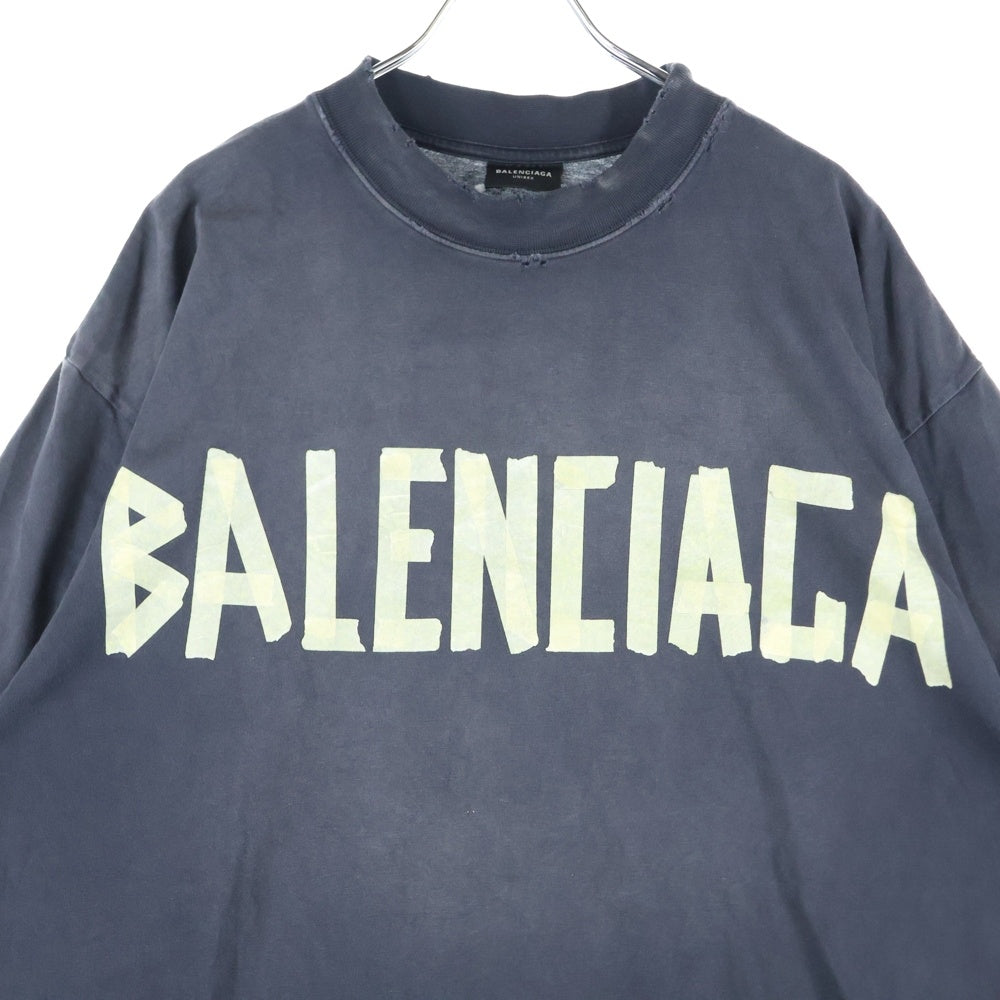 BALENCIAGA(バレンシアガ) 23SS TAPE TYPE MEDIUM FIT TEE 739784 TOVA9 デストロイ加工 テープロゴ ミディアムフィットTシャツ 半袖クルーネックカットソー ブラック