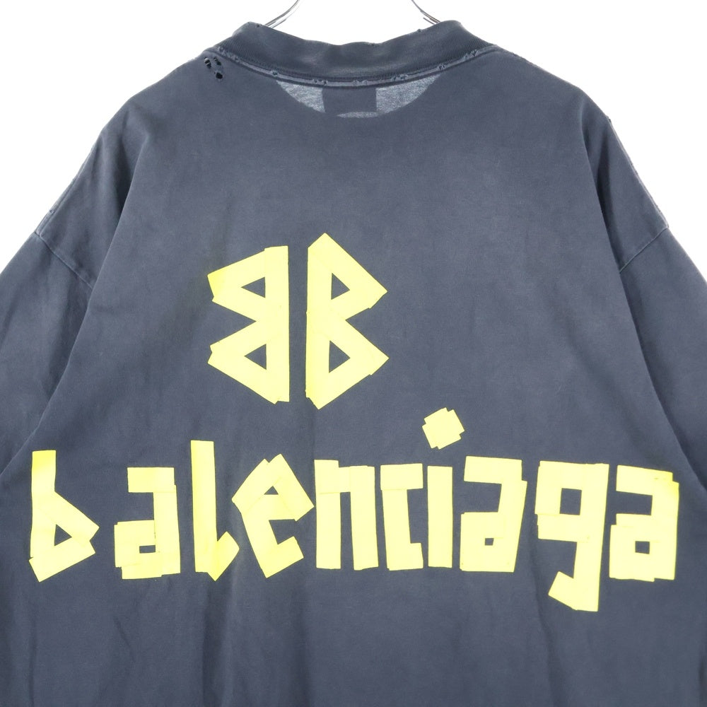 BALENCIAGA(バレンシアガ) 23SS TAPE TYPE MEDIUM FIT TEE 739784 TOVA9 デストロイ加工 テープロゴ ミディアムフィットTシャツ 半袖クルーネックカットソー ブラック