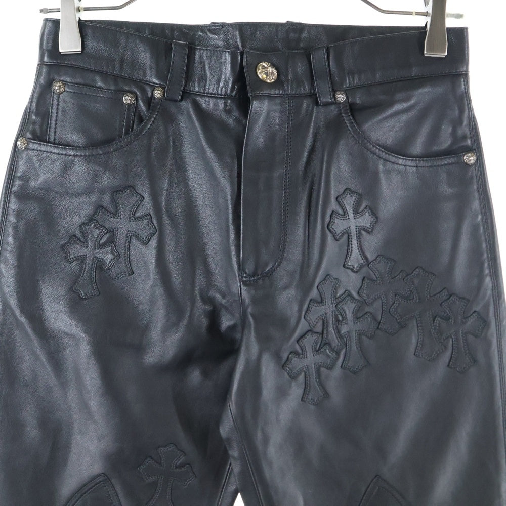 CHROME HEARTS(クロムハーツ) Cemetery Leather Cross Patch Flare Knee Soft Leather Long Pants クセメタリークロスパッチ付き フレアニーレザーパンツ ブラック