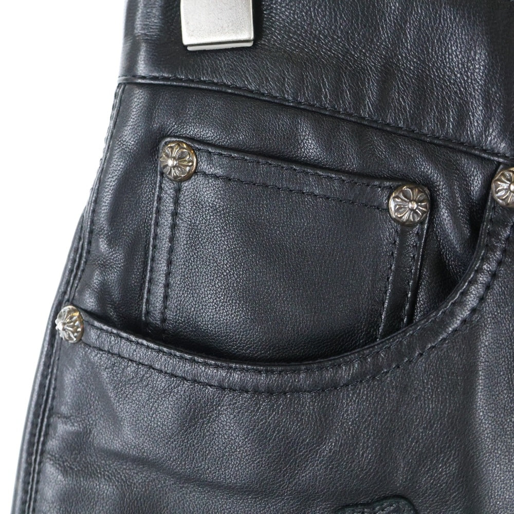 CHROME HEARTS(クロムハーツ) Cemetery Leather Cross Patch Flare Knee Soft Leather Long Pants クセメタリークロスパッチ付き フレアニーレザーパンツ ブラック