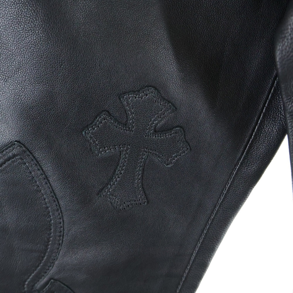 CHROME HEARTS(クロムハーツ) Cemetery Leather Cross Patch Flare Knee Soft Leather Long Pants クセメタリークロスパッチ付き フレアニーレザーパンツ ブラック