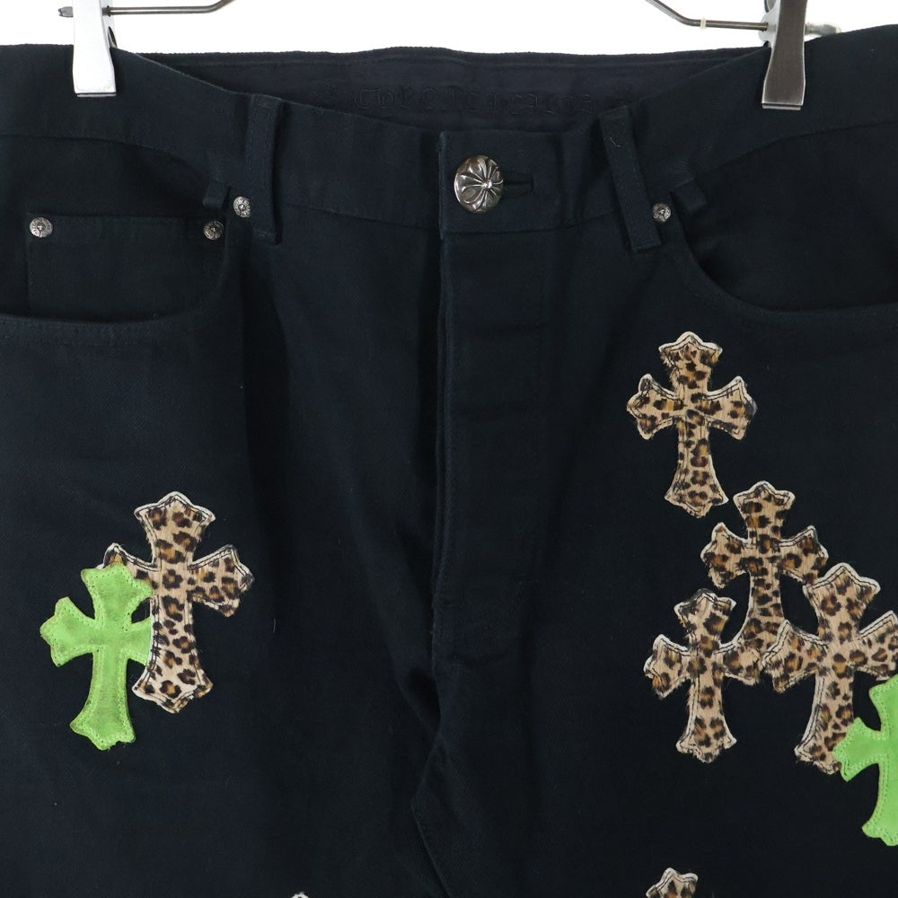 CHROME HEARTS(クロムハーツ) JEAN STRTLG FBRC クロスパッチ ボタンフライ ストレートデニムパンツ ブラック/グリーン