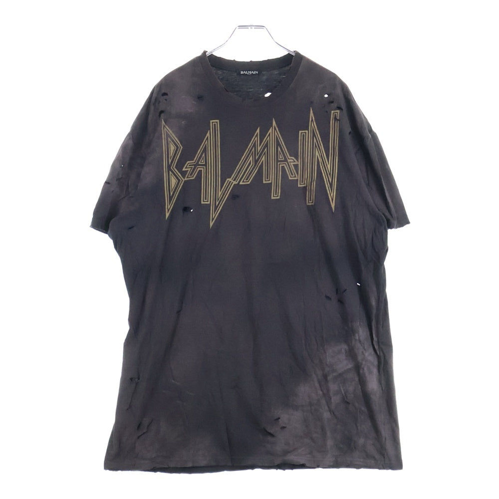 BALMAIN(バルマン) Oversized Destroy Gothic Logo T-Shirt ダメージ加工 ロゴプリント 半袖Tシャツカットソー W7H8060I065D ダークグレー