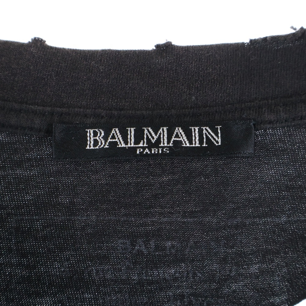 BALMAIN(バルマン) Oversized Destroy Gothic Logo T-Shirt ダメージ加工 ロゴプリント 半袖Tシャツカットソー W7H8060I065D ダークグレー