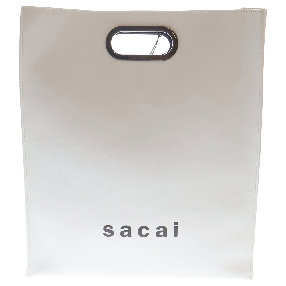 Sacai(サカイ) ロゴプリント 2way レザーショッパーバッグ トートバッグ ショルダーバッグ ホワイト