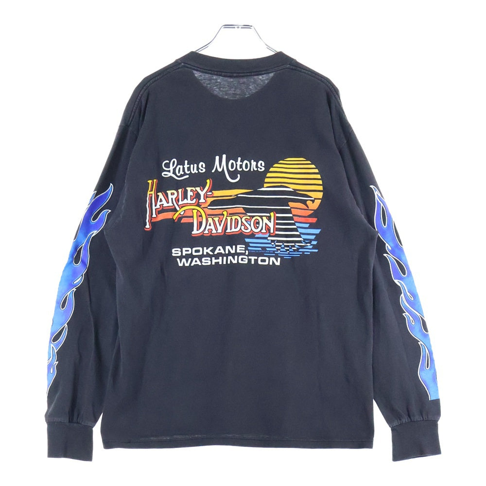 HARLEY DAVIDSON(ハーレーダビッドソン) Bar&Shield Flames L/S TEE バーアンドシールド フレイムス 袖ファイヤー 長袖Tシャツ クルーネックカットソー ブラック/ブルー
