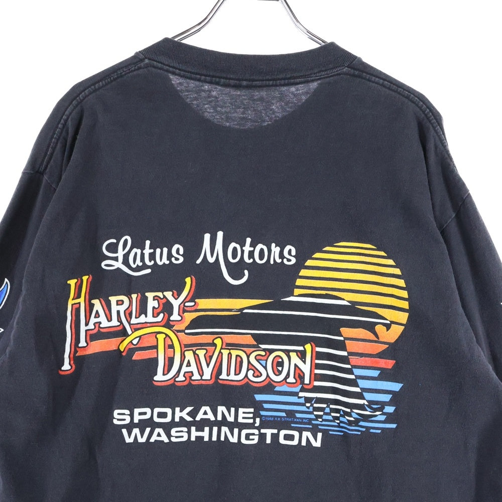 HARLEY DAVIDSON(ハーレーダビッドソン) Bar&Shield Flames L/S TEE バーアンドシールド フレイムス 袖ファイヤー 長袖Tシャツ クルーネックカットソー ブラック/ブルー