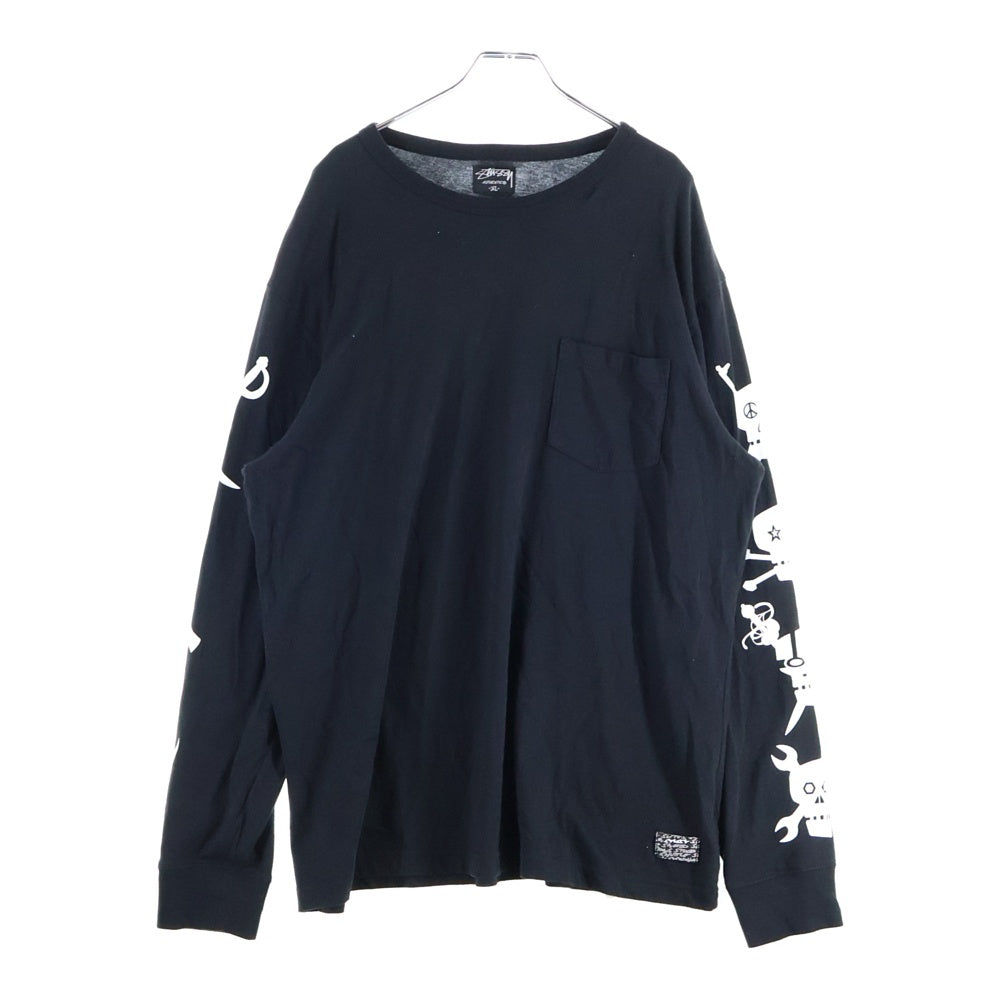 STUSSY(ステューシー) スカルプリント クルーネック長袖Tシャツ カットソー ブラック
