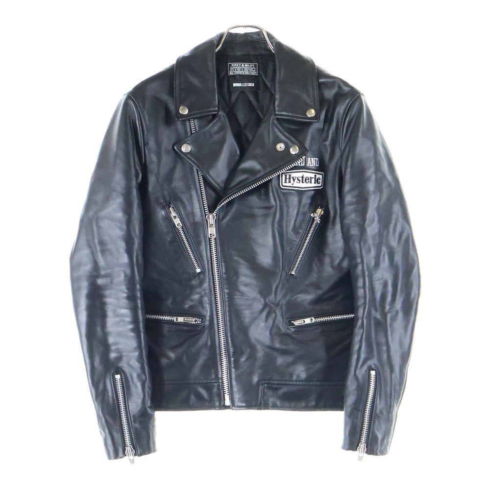 WIND AND SEA(ウィンダンシー) x HYSTERIC GLAMOUR Riders Jacket WDS-C-HYS-23-AP-Q1-03 ×ヒステリックグラマー ロゴ刺繍 ダブルライダース レザージャケット ブラック
