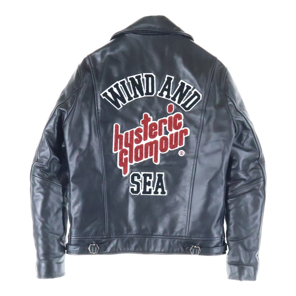 WIND AND SEA(ウィンダンシー) x HYSTERIC GLAMOUR Riders Jacket WDS-C-HYS-23-AP-Q1-03 ×ヒステリックグラマー ロゴ刺繍 ダブルライダース レザージャケット ブラック