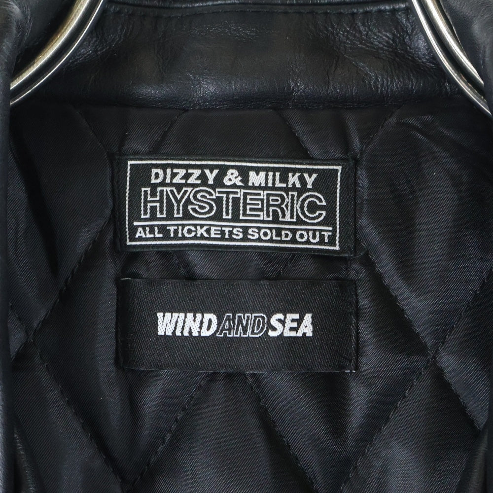 WIND AND SEA(ウィンダンシー) x HYSTERIC GLAMOUR Riders Jacket WDS-C-HYS-23-AP-Q1-03 ×ヒステリックグラマー ロゴ刺繍 ダブルライダース レザージャケット ブラック