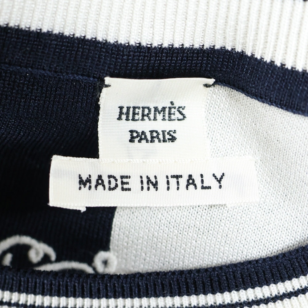 HERMES(エルメス) 24SS Brides de Gala 無秩序 シルク混 ブルー・ノワール ロゴ刺繍 インターシャ編み ロングスリーブ 長袖 ニットセーター ネイビー 4E2655D6 レディース