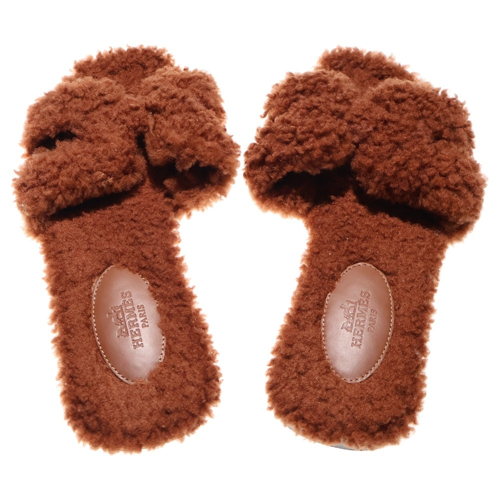 HERMES(エルメス) オラン ボア ムートン Hモチーフ フラット サンダル ミュール ブラウン