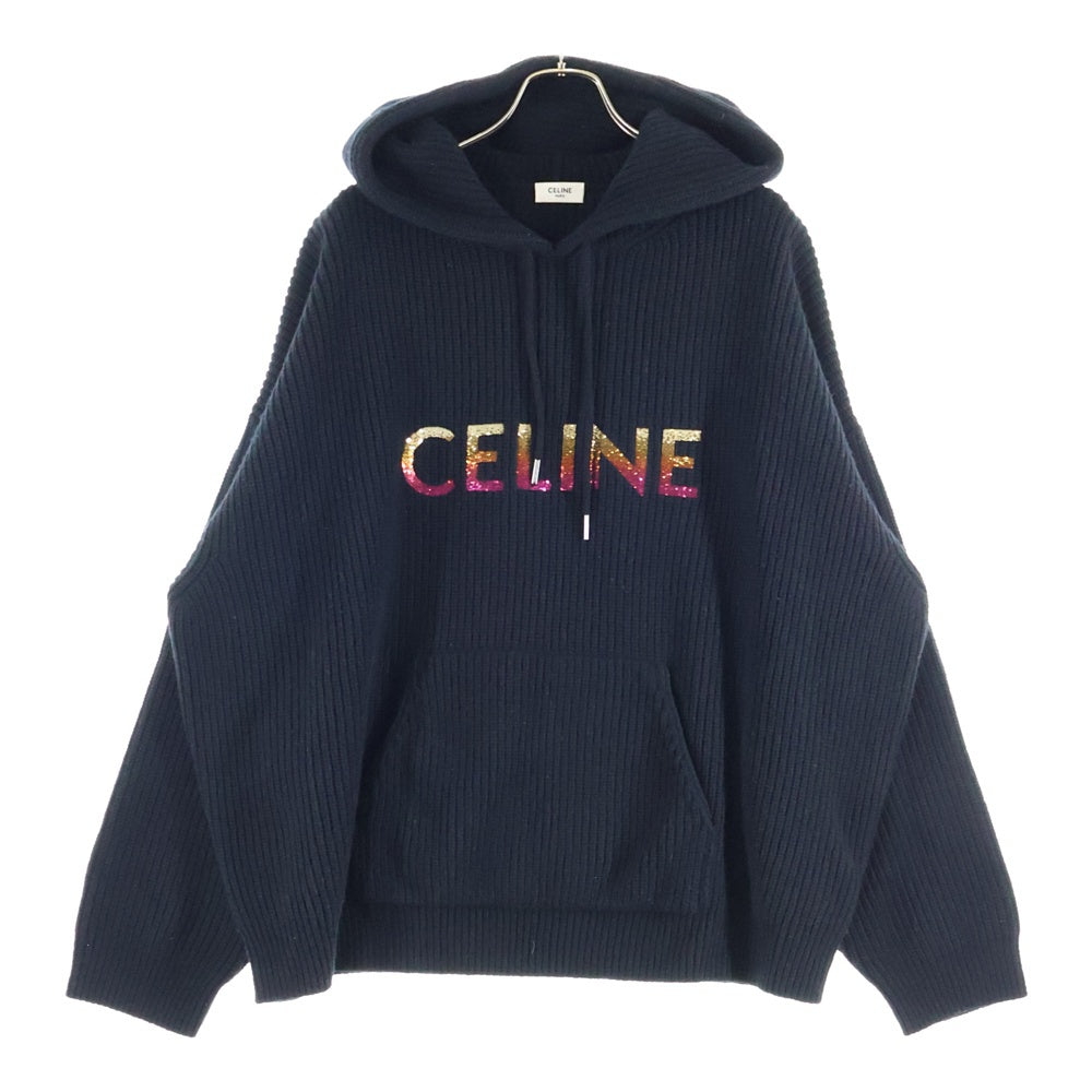 CELINE(セリーヌ) スパンコール グラデーションロゴ プルオーバー ニットパーカー ブラック 2A10X66Q