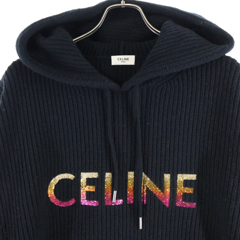 CELINE(セリーヌ) スパンコール グラデーションロゴ プルオーバー ニットパーカー ブラック 2A10X66Q