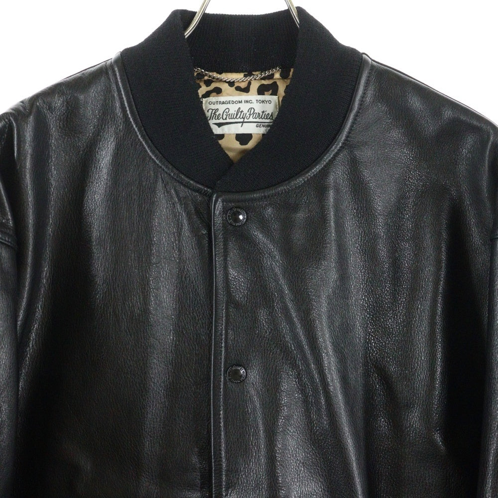 WACKO MARIA(ワコマリア) 23AW LEATHER VARSITY JACKET TYPE-2 裏地レオパード レザーバーシティジャケット スタジャン ブラック 23FW-WMO-BL03