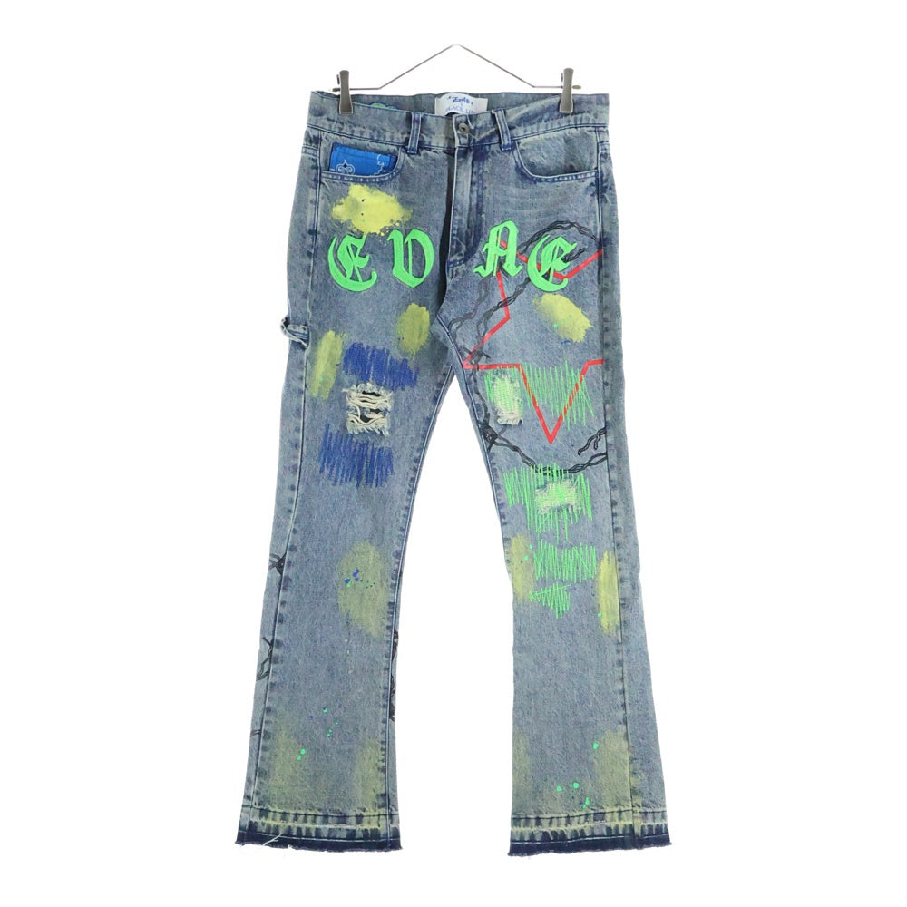 Evae mob(エバーモブ) × BLACK LUX PAINTING DENIM PANTS ロゴ刺繍 ペイントデニムフレアパンツ インディゴ