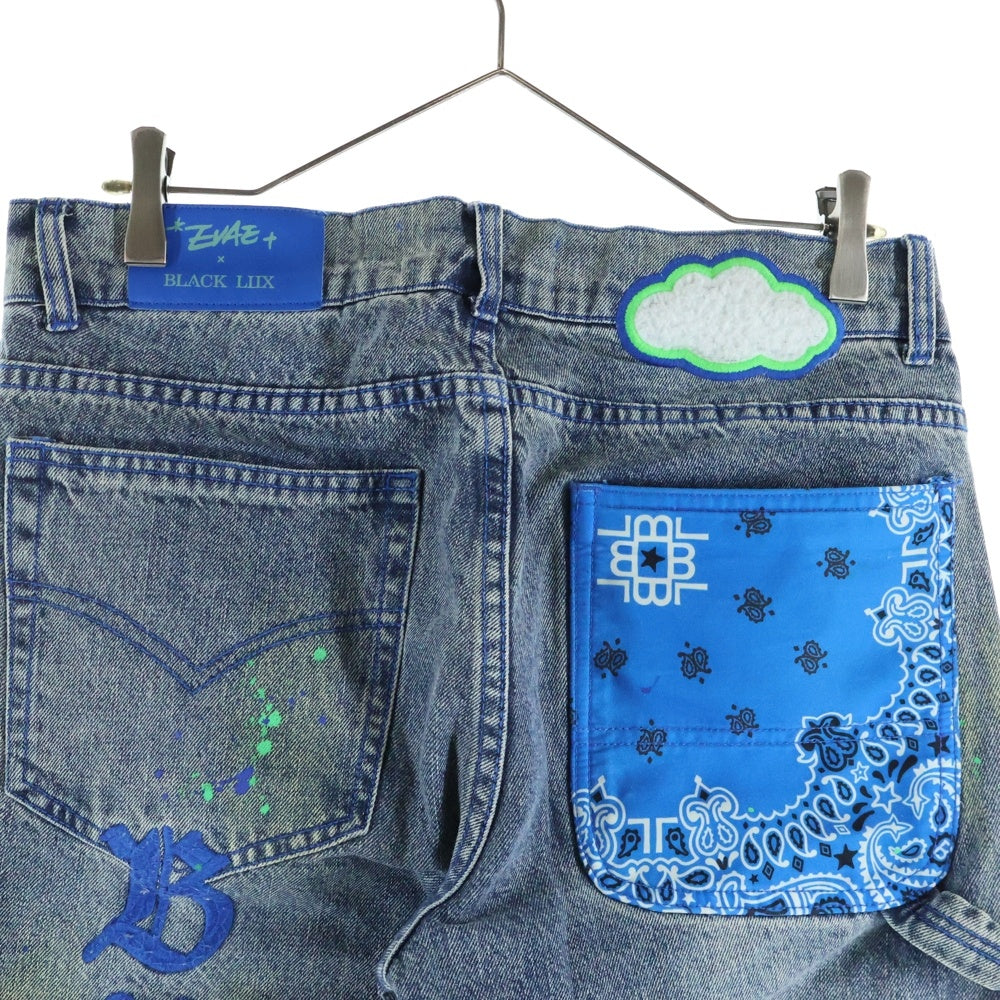 Evae mob(エバーモブ) × BLACK LUX PAINTING DENIM PANTS ロゴ刺繍 ペイントデニムフレアパンツ インディゴ