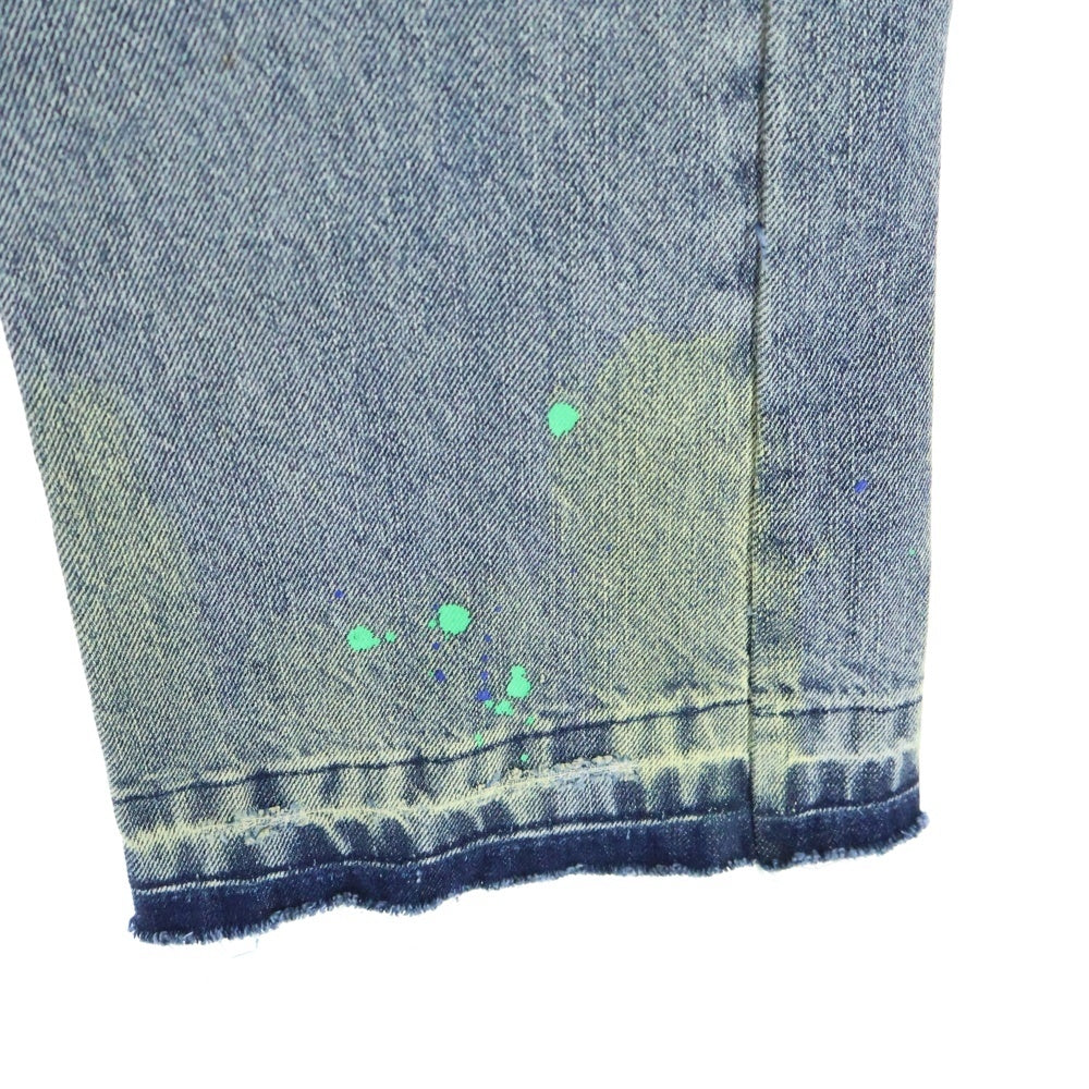 Evae mob(エバーモブ) × BLACK LUX PAINTING DENIM PANTS ロゴ刺繍 ペイントデニムフレアパンツ インディゴ